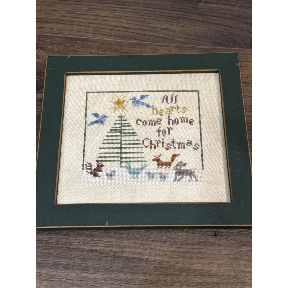 Vintage Cross Stitch Christmas " All Hearts Come Home…" Handmade Framed